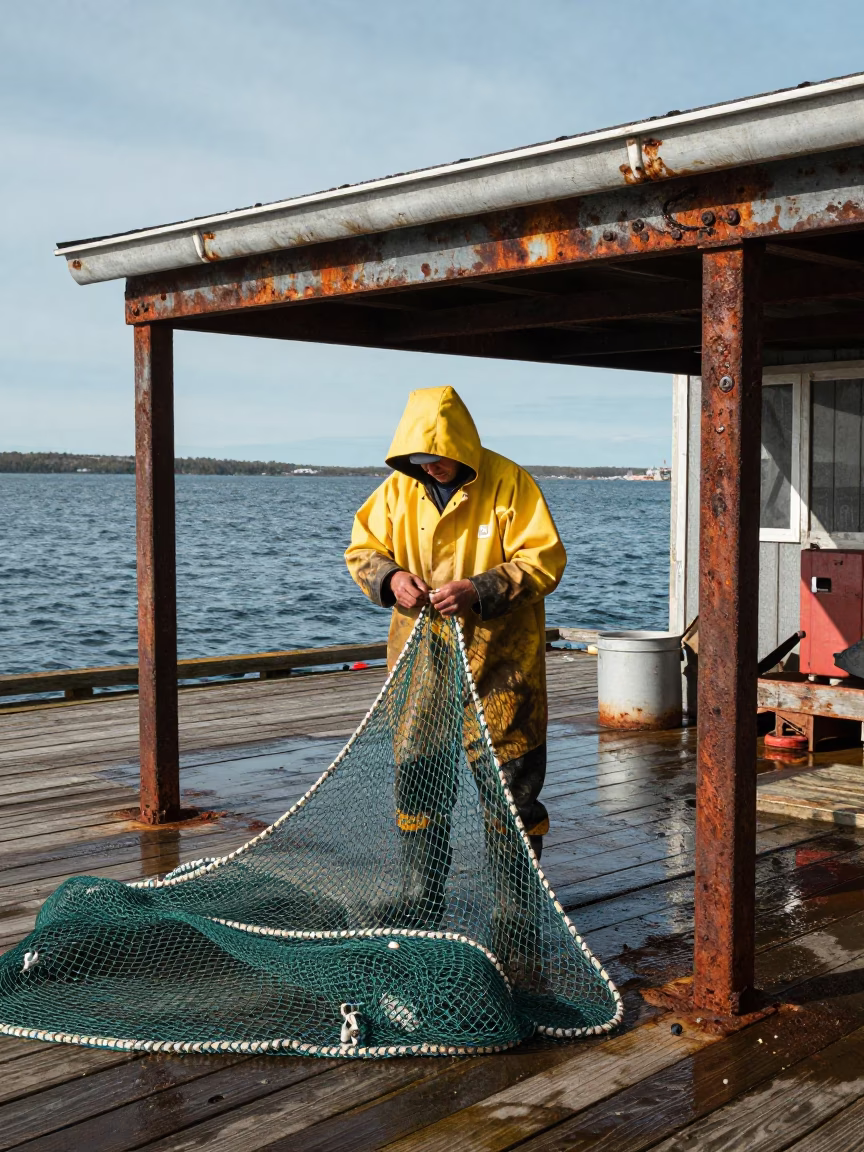 Halifax Nova Scotia Dockyard Worker Repairing Net Near Rusty Basin Under Noon Sun in in Halifax, Nova Scotia, Canada