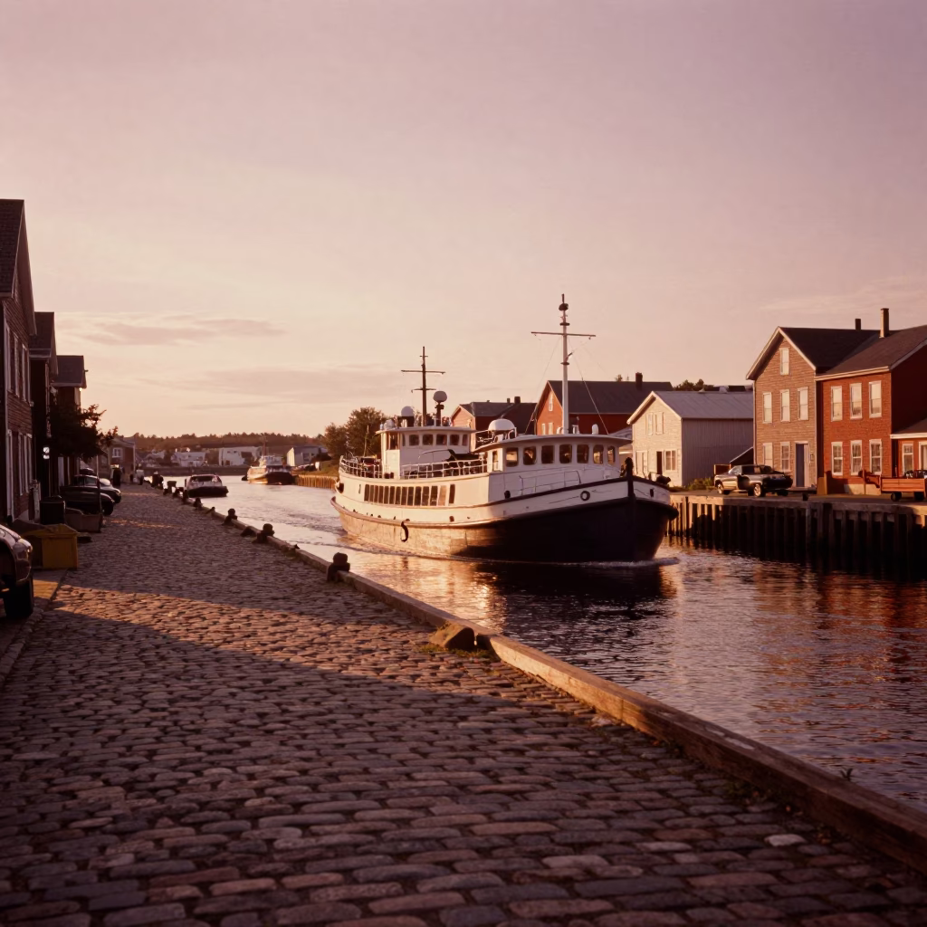 Halifax Nova Scotia Dusk Street Scene with Vintage 1970s Barge on Waterfront in in Halifax, Nova Scotia, Canada