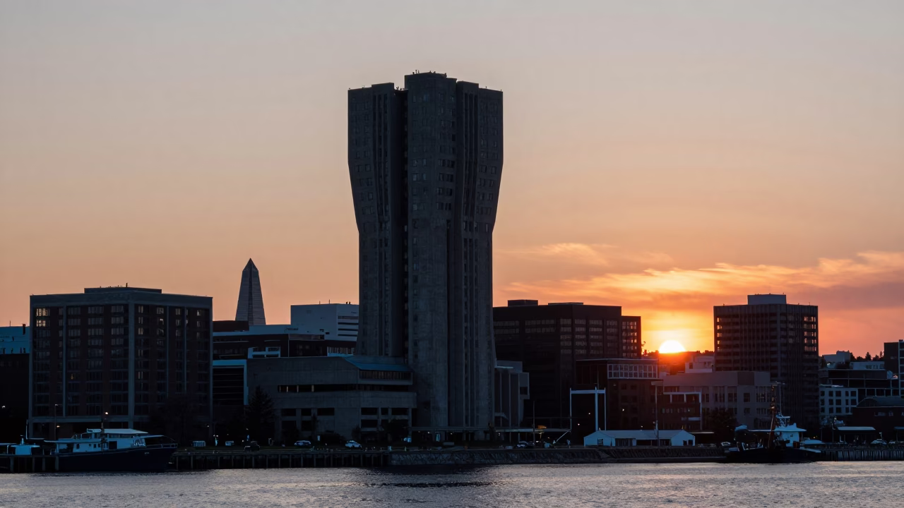 Halifax Nova Scotia Dusk View of Brutalist Concrete University Tower and Harbor Horizon in in Halifax, Nova Scotia, Canada