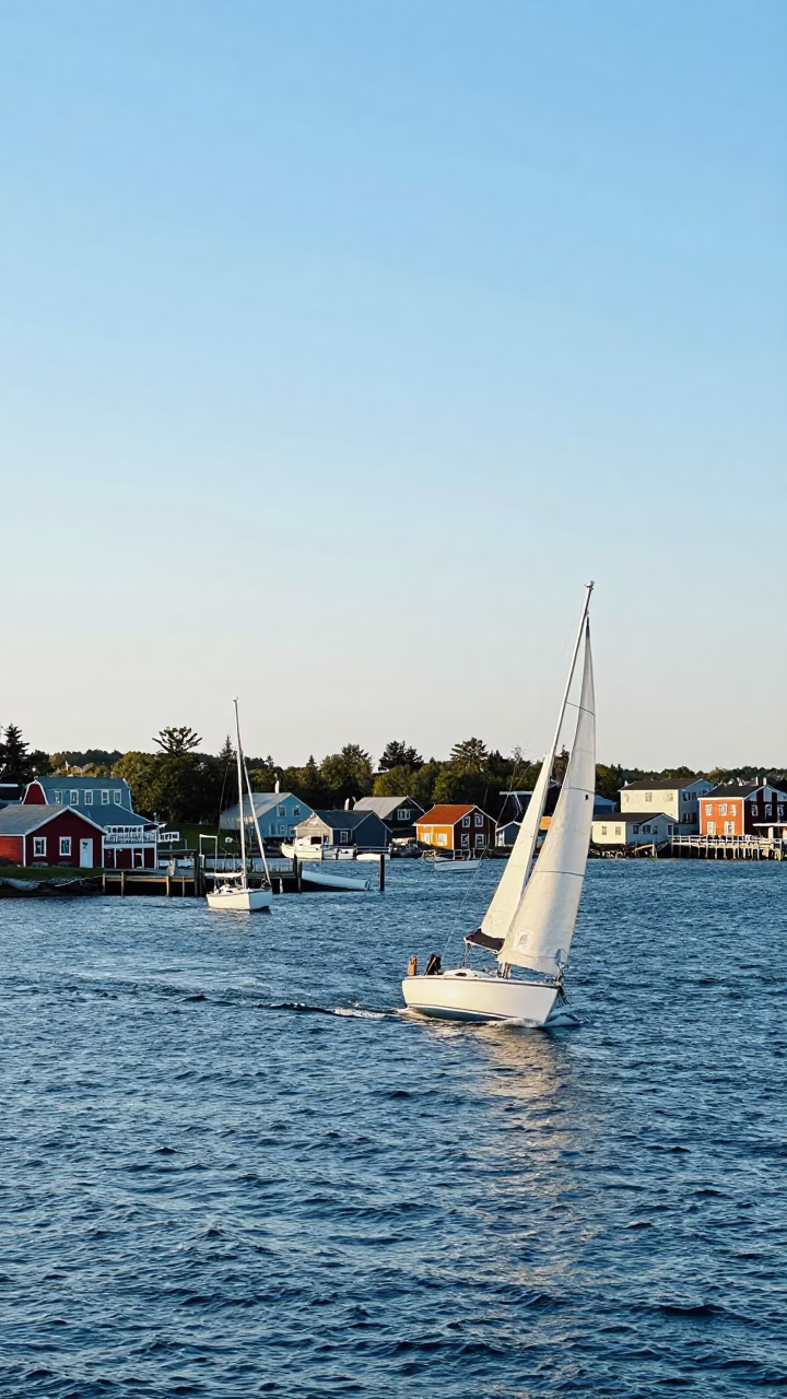 Halifax Nova Scotia Early Afternoon Harbor View with Sailboat and Coastal Breakwater in in Halifax, Nova Scotia, Canada