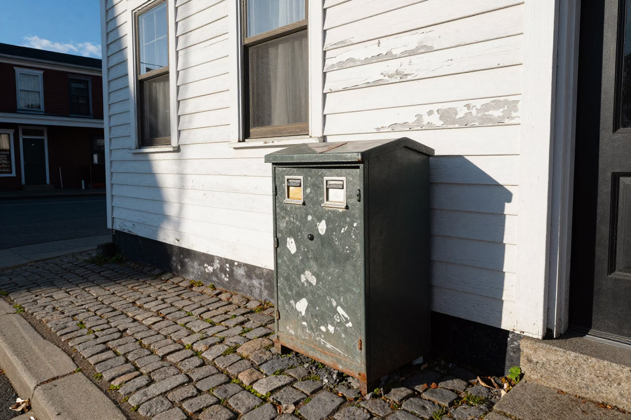 Halifax Nova Scotia Early Afternoon Street Scene with File Box and Crumbling Weather Station in in Halifax, Nova Scotia, Canada