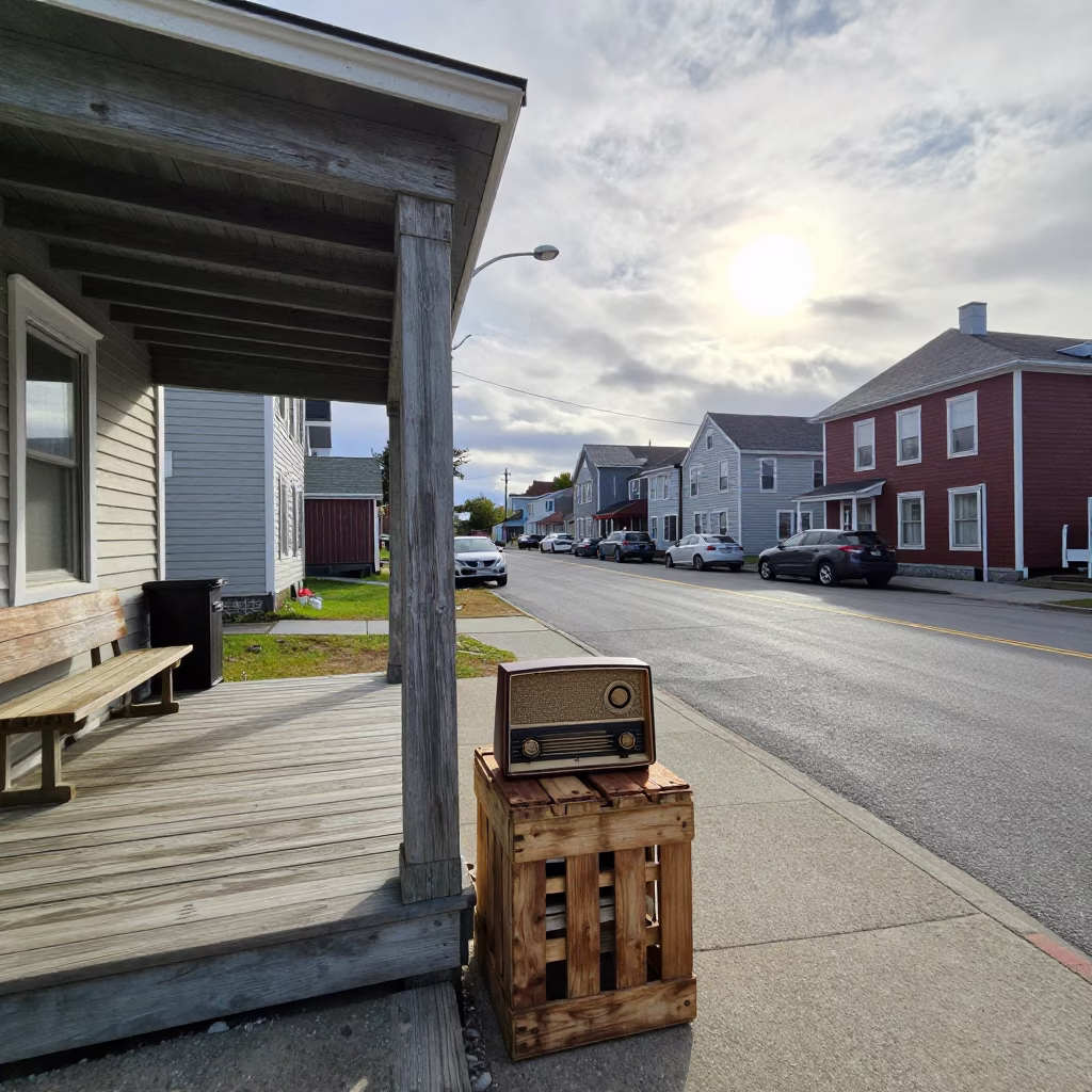 Halifax Nova Scotia Early Afternoon Street Scene with Vintage Radio and Brooms in in Halifax, Nova Scotia, Canada