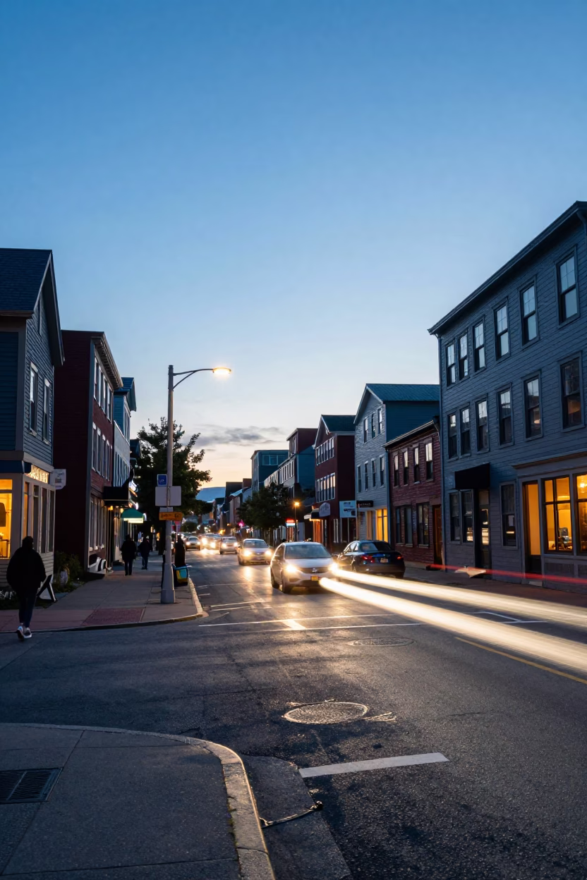 Halifax Nova Scotia Early Evening Street Scene with Car Headlight Trails in in Halifax, Nova Scotia, Canada