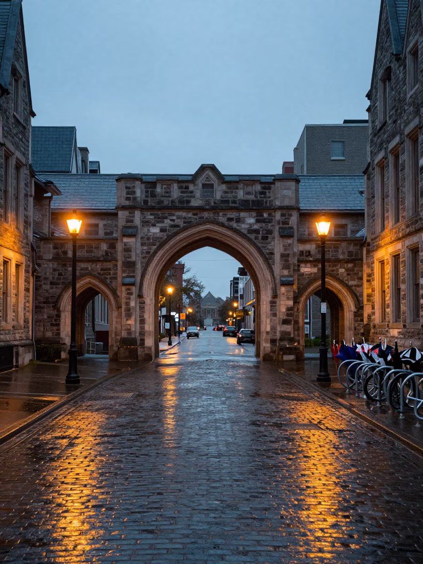 Halifax Nova Scotia Early Evening Street Scene with University Archway and Wet Bicycle Rack in in Halifax, Nova Scotia, Canada
