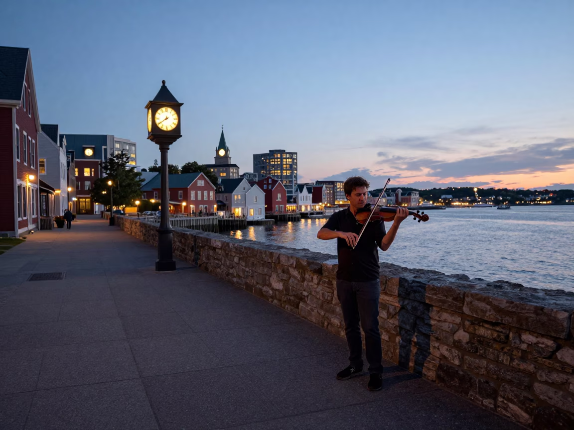 Halifax Nova Scotia Early Evening Street Scene with Violin Player and Blue Porcelain Bowl in in Halifax, Nova Scotia, Canada