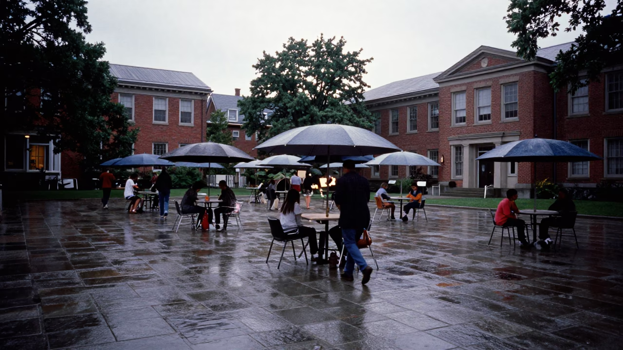 Halifax Nova Scotia Early Evening University Courtyard Umbrellas and Seminar Blocks in in Halifax, Nova Scotia, Canada