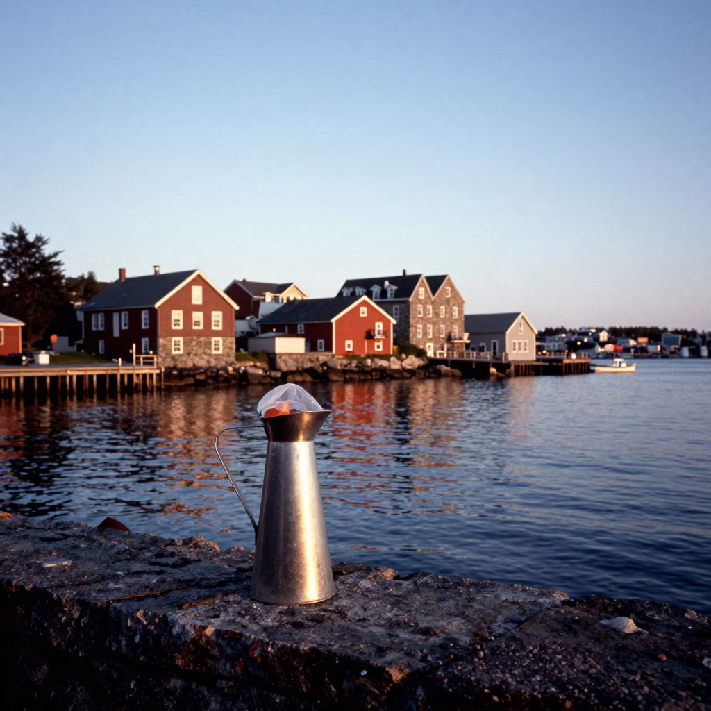 Halifax Nova Scotia early evening waterfront scene with steel pitcher and rainforest botanist in in Halifax, Nova Scotia, Canada