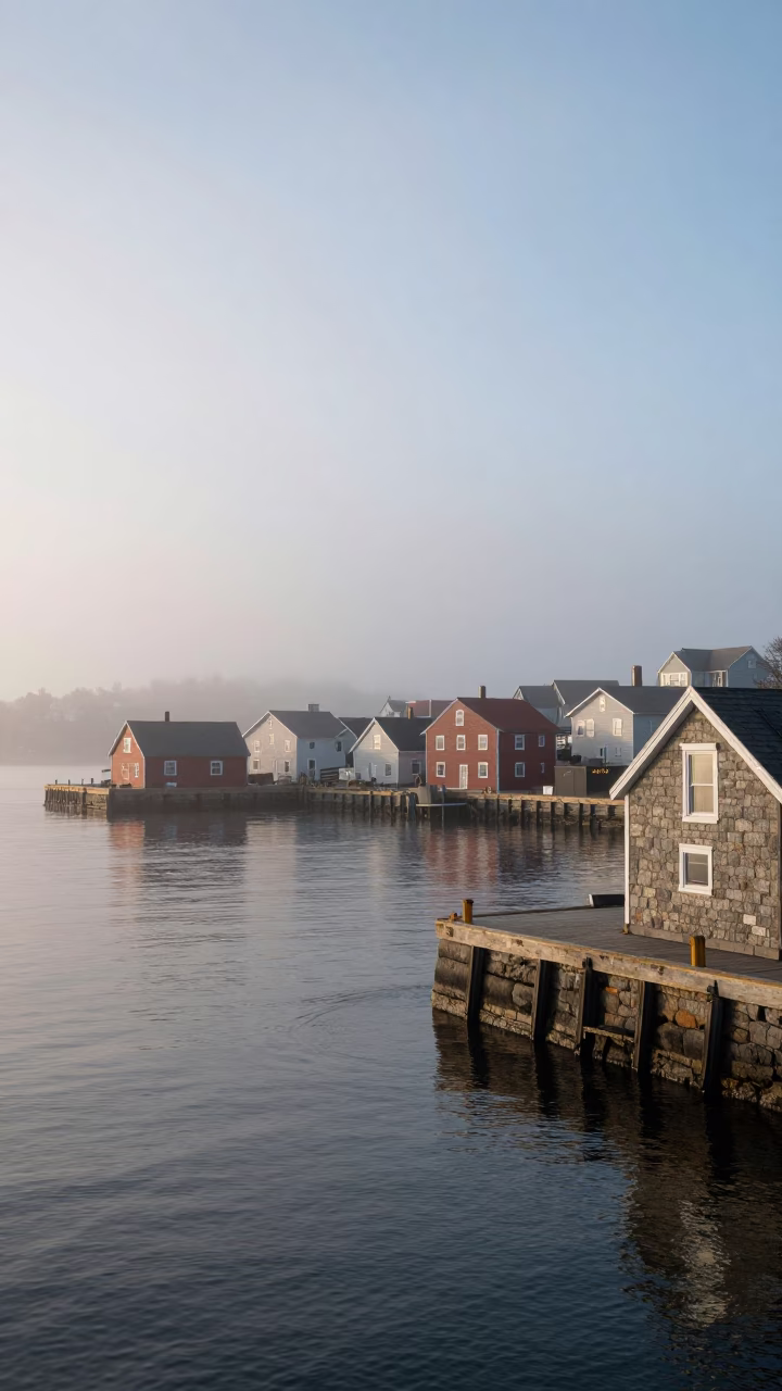 Halifax Nova Scotia Early Morning Harbor Fog and Historic Stone Wharves in in Halifax, Nova Scotia, Canada
