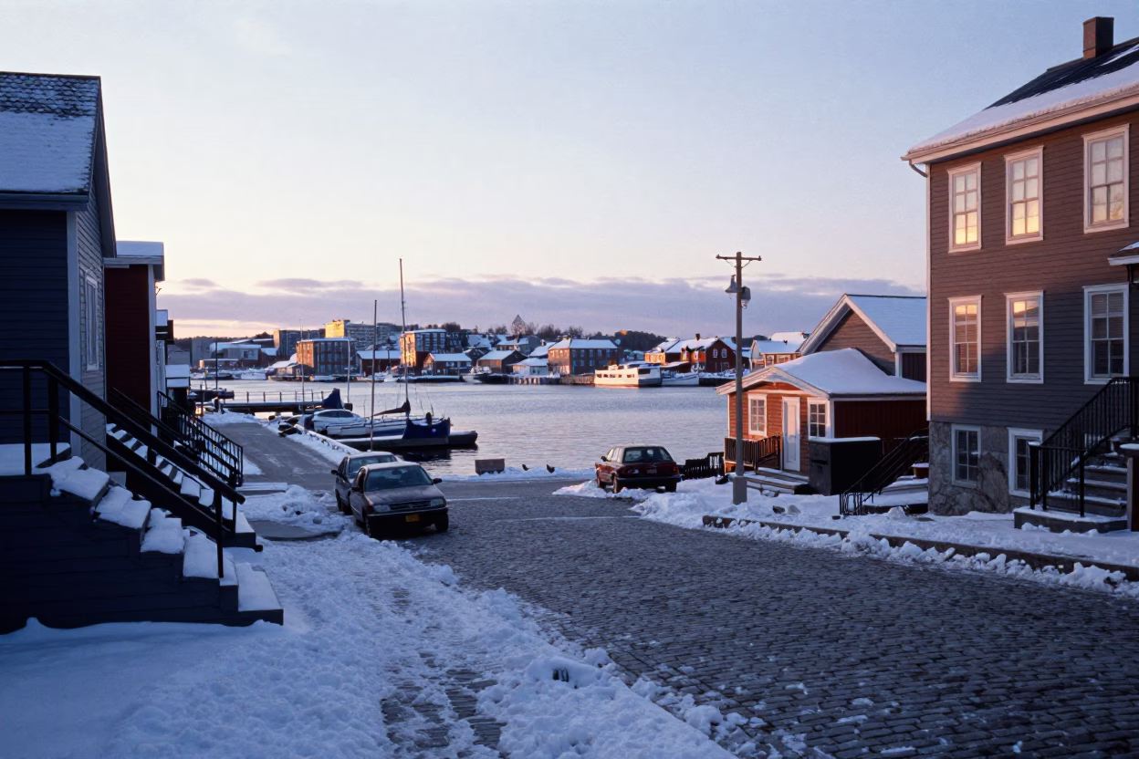 Halifax Nova Scotia Early Morning Harbour View with Snow and Historic Architecture in in Halifax, Nova Scotia, Canada