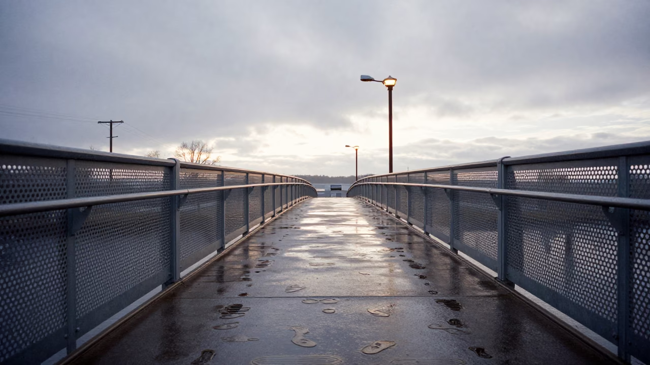 Halifax Nova Scotia Early Morning Pedestrian Overpass Wet Footsteps Perforated Metal High Fashion Editorial in in Halifax, Nova Scotia, Canada