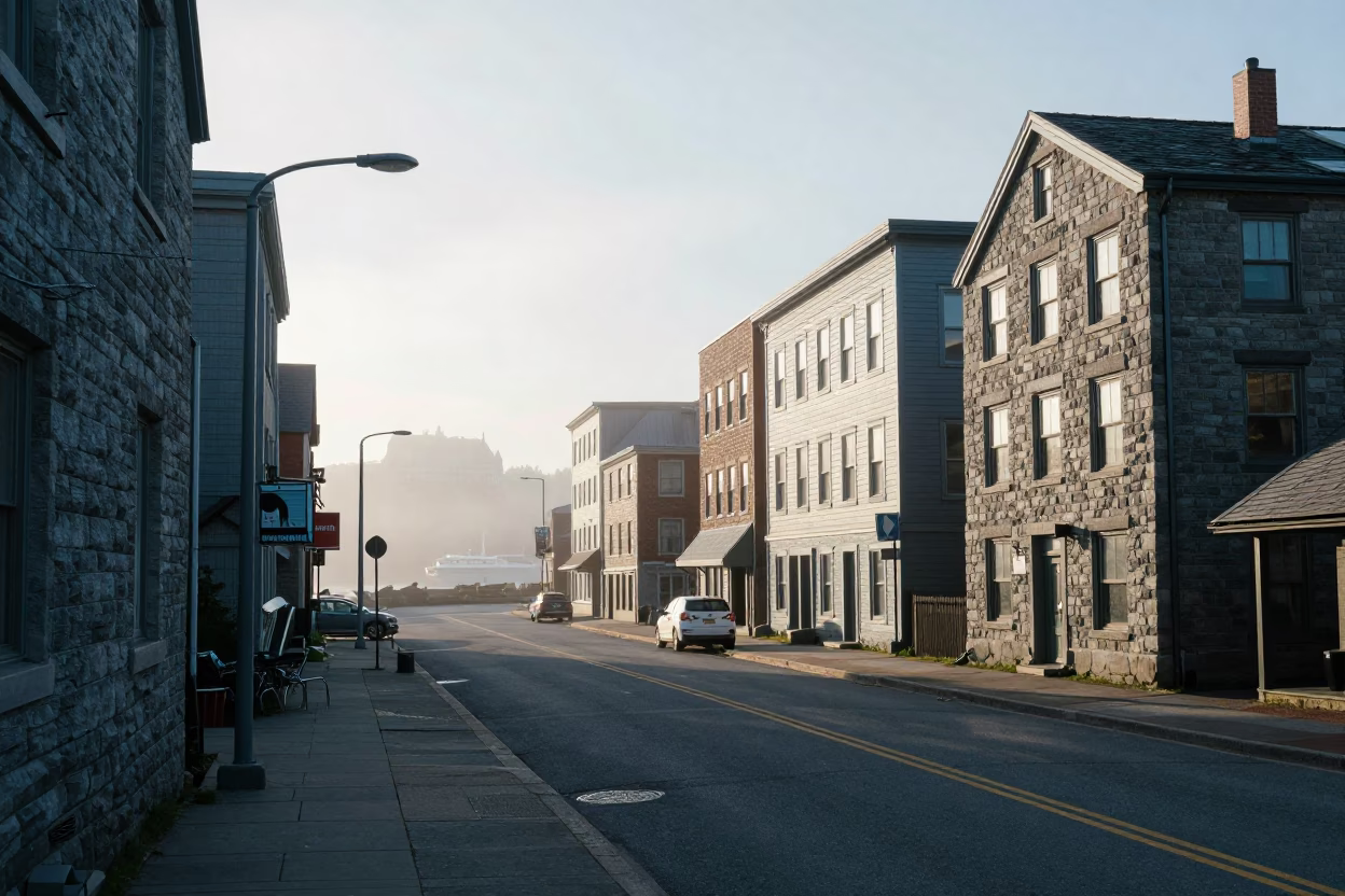 Halifax Nova Scotia Early Morning Street Scene with Sunlight and Limestone Architecture in in Halifax, Nova Scotia, Canada