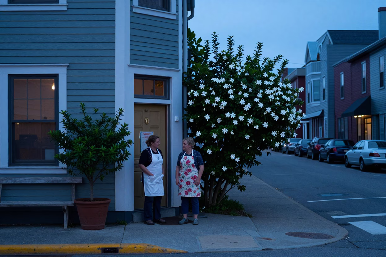 Halifax Nova Scotia Evening Street Scene with Aprons and Gardenia Bush in in Halifax, Nova Scotia, Canada