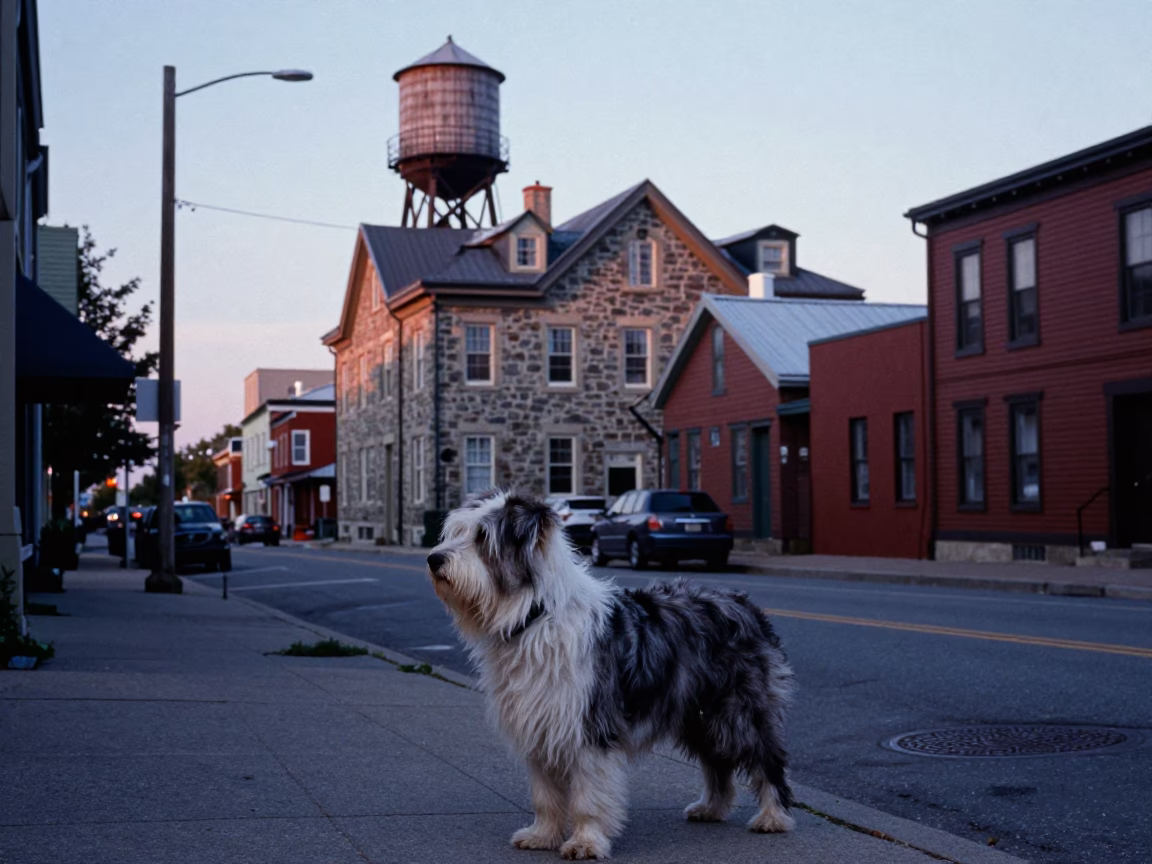 Halifax Nova Scotia Evening Street Scene with Bearded Collie and Rooftop Water Tower in in Halifax, Nova Scotia, Canada