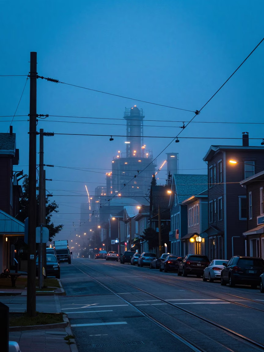 Halifax Nova Scotia Evening Street Scene with Catenary Wires and Industrial Fog in in Halifax, Nova Scotia, Canada