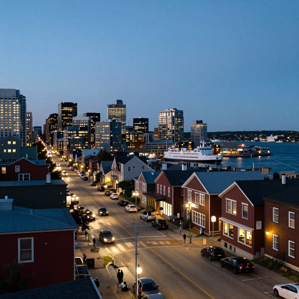 Halifax Nova Scotia evening street scene with city lights and local activity in in Halifax, Nova Scotia, Canada