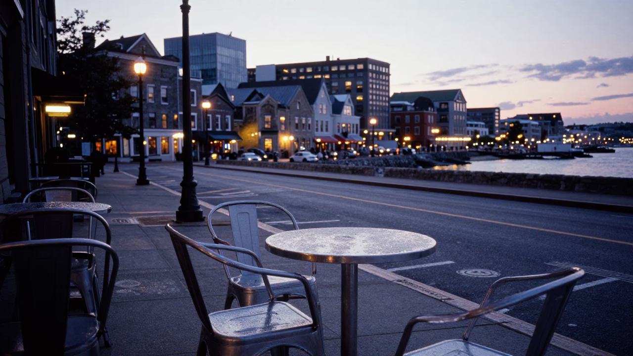 Halifax Nova Scotia Evening Street Scene with Condensation on Metal Chair and Brass Details in in Halifax, Nova Scotia, Canada