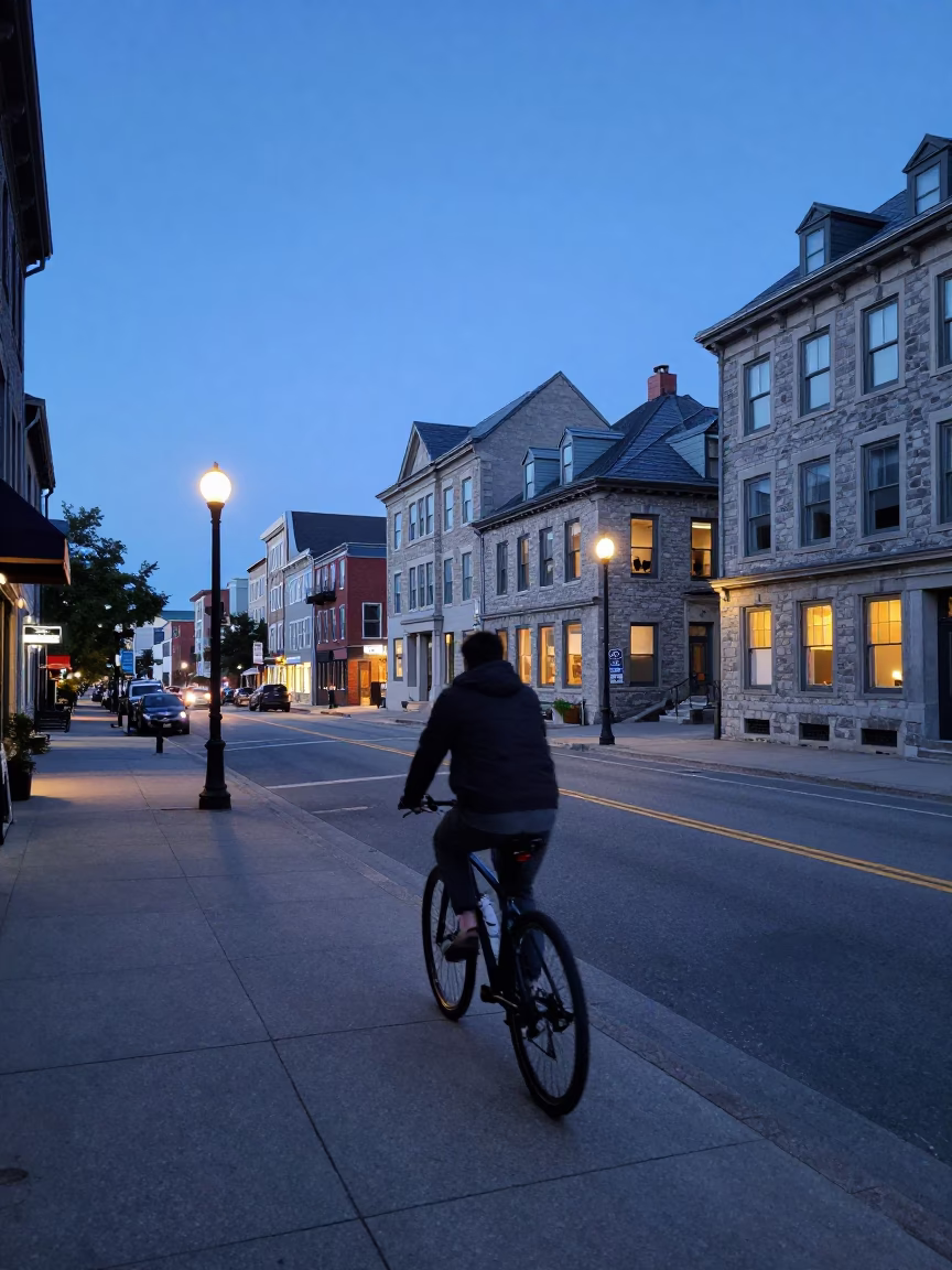 Halifax Nova Scotia Evening Street Scene with Cyclist and Local Details in in Halifax, Nova Scotia, Canada