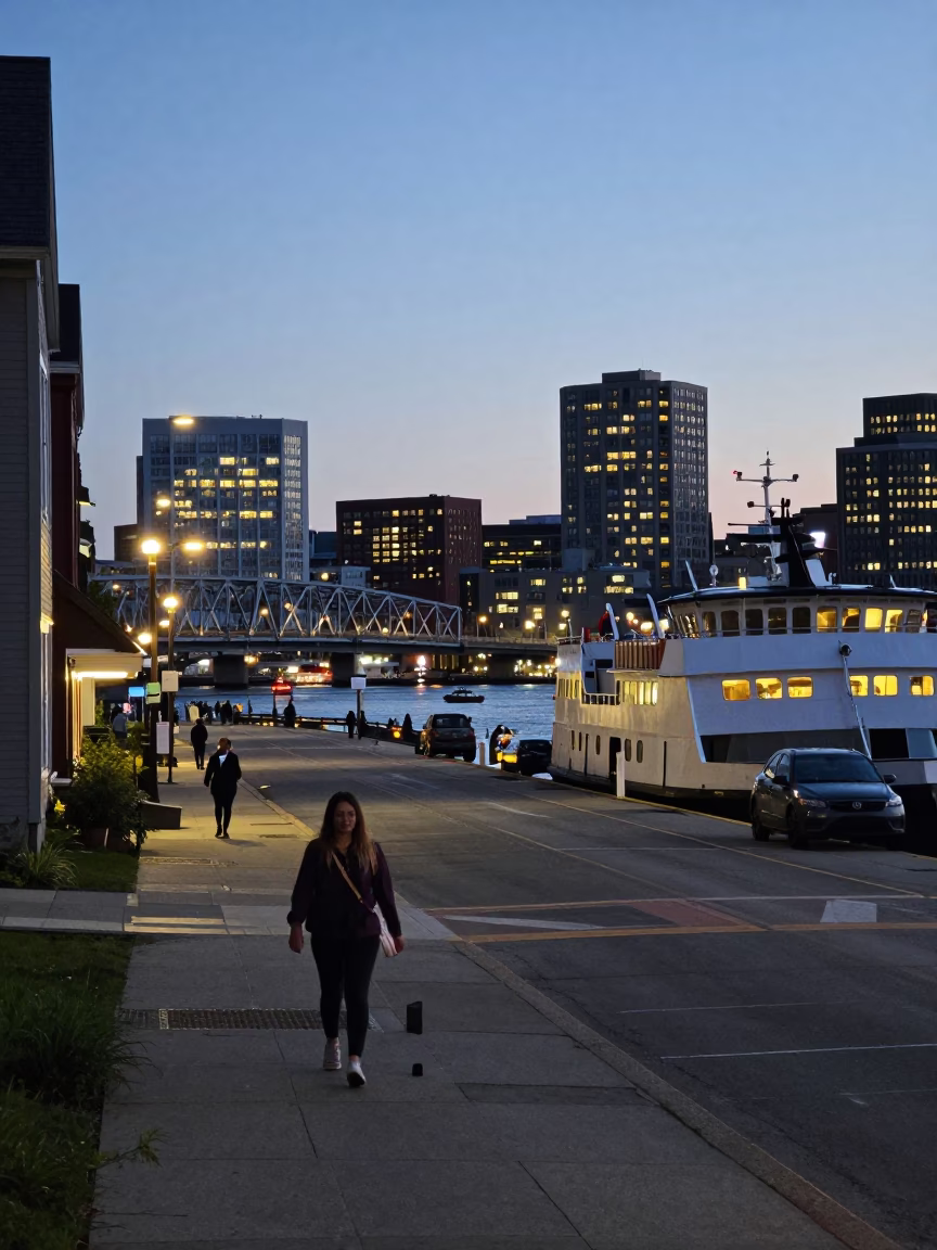 Halifax Nova Scotia Evening Street Scene with Ferry Ramp and Bridge Lights in in Halifax, Nova Scotia, Canada