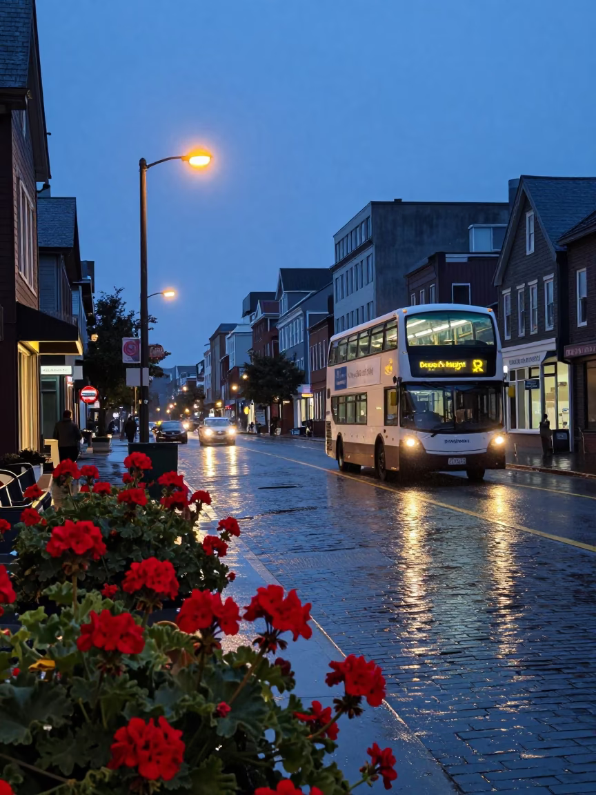 Halifax Nova Scotia Evening Street Scene with Geraniums and Double-Decker Bus in in Halifax, Nova Scotia, Canada