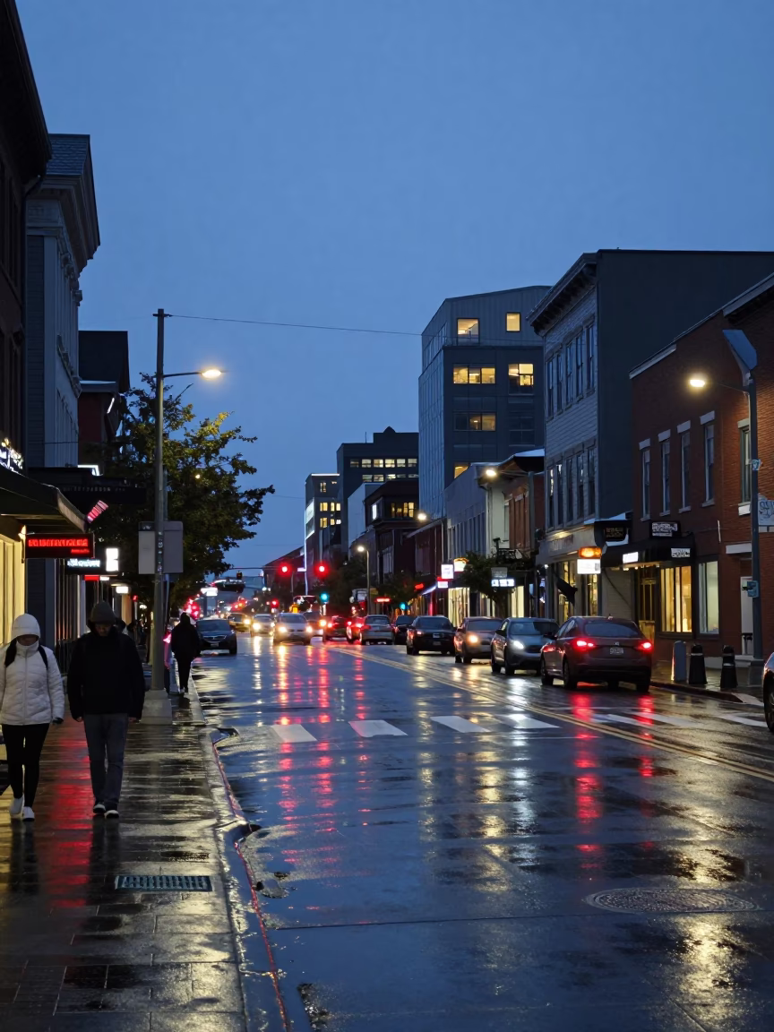 Halifax Nova Scotia Evening Street Scene with Neon Reflections on Wet Cobblestones in in Halifax, Nova Scotia, Canada