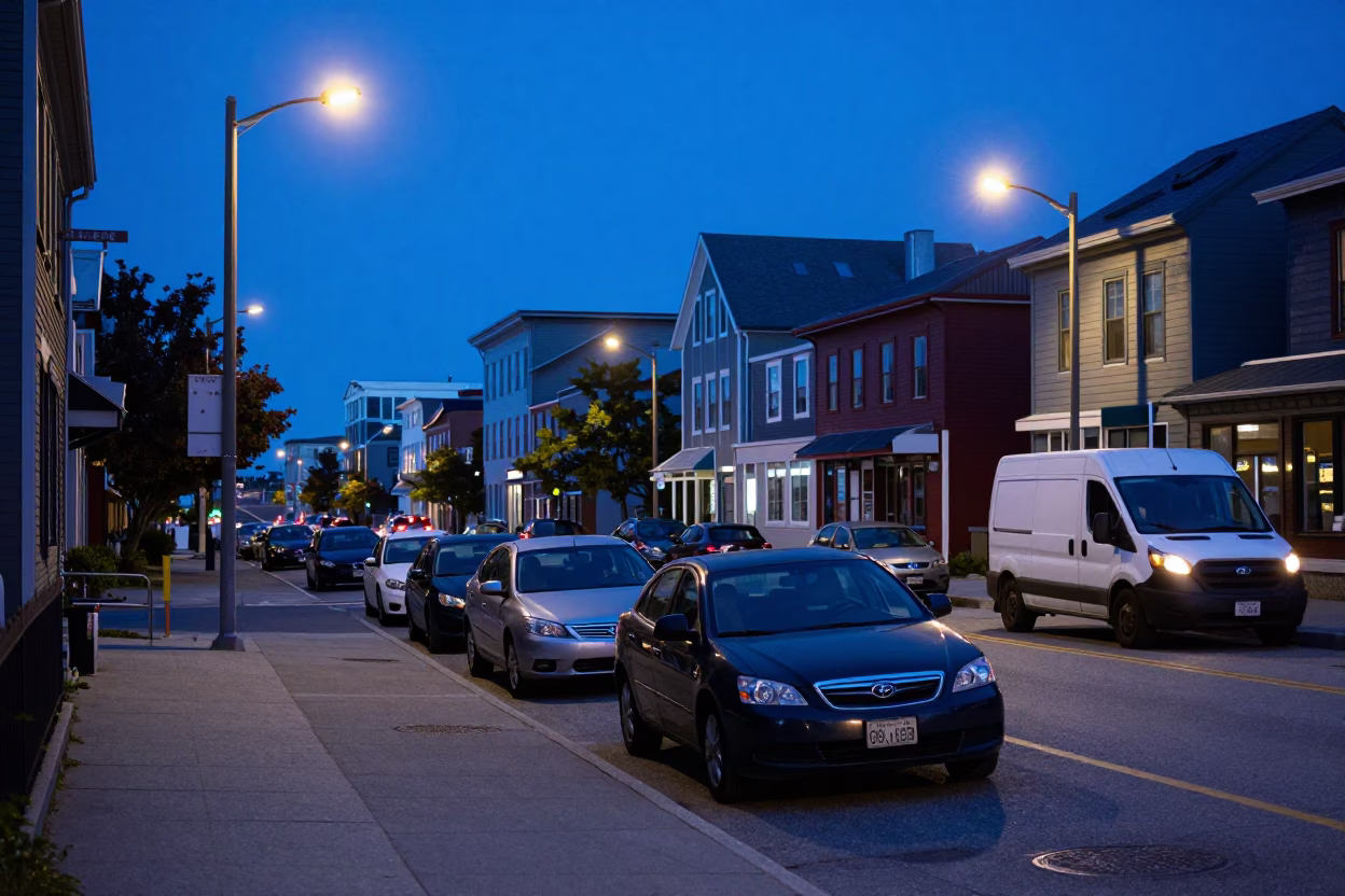 Halifax Nova Scotia Evening Street Scene with Parked Cars and Streetlights in in Halifax, Nova Scotia, Canada