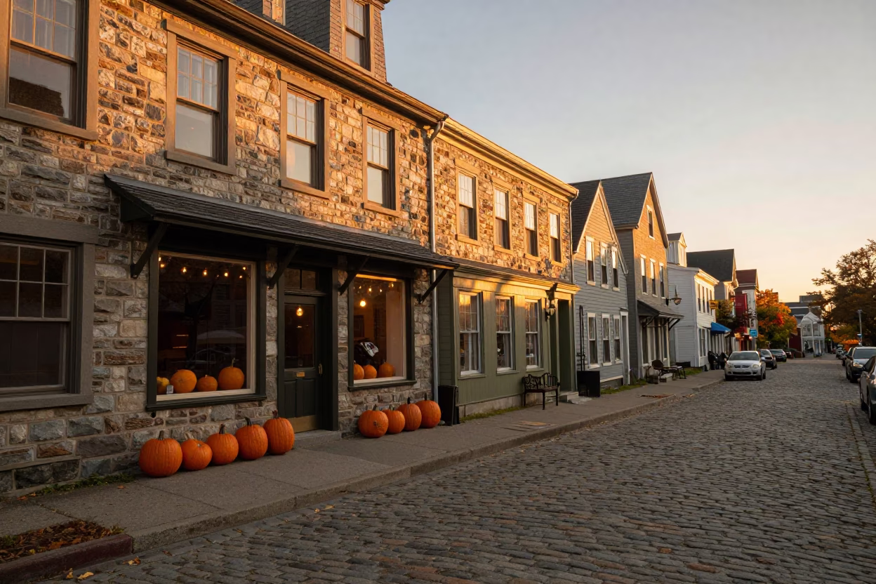 Halifax Nova Scotia Evening Street Scene with Pumpkins and Local Architecture in in Halifax, Nova Scotia, Canada