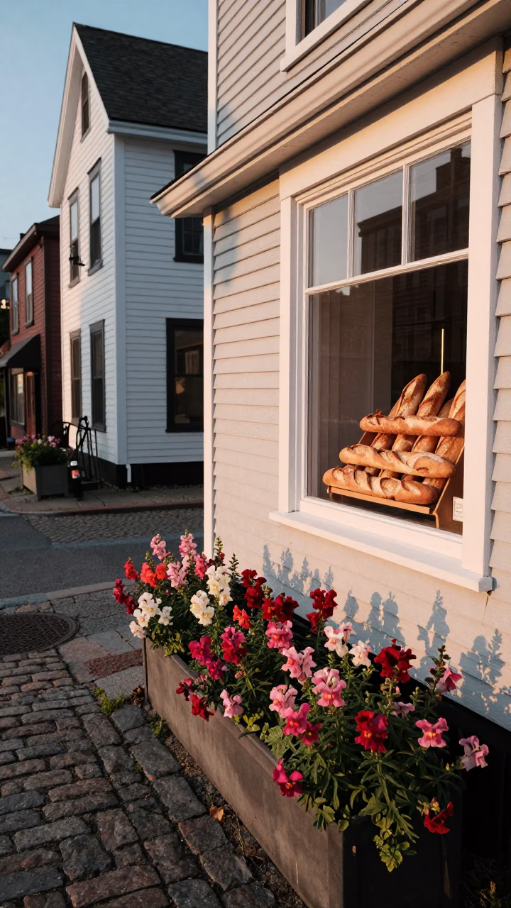 Halifax Nova Scotia Evening Street Scene with Snapdragons and Baguettes in in Halifax, Nova Scotia, Canada