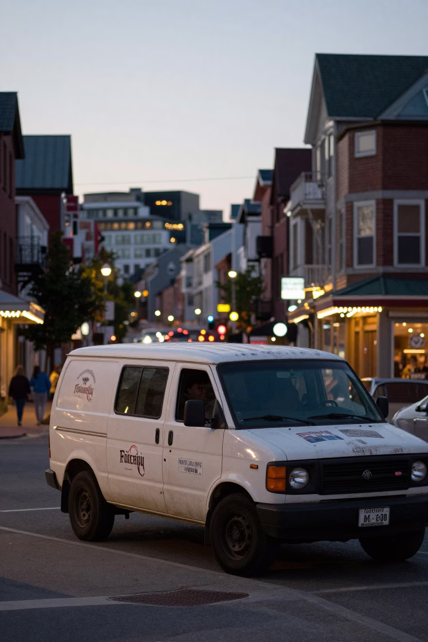 Halifax Nova Scotia Evening Street Scene with Vintage 1980s Details and City Lights in in Halifax, Nova Scotia, Canada