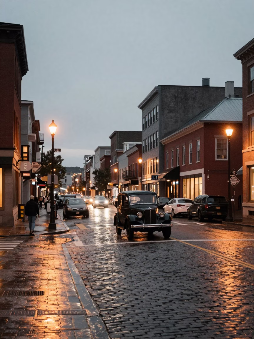 Halifax Nova Scotia Evening Street Scene with Vintage Car and City Lights Glow in in Halifax, Nova Scotia, Canada