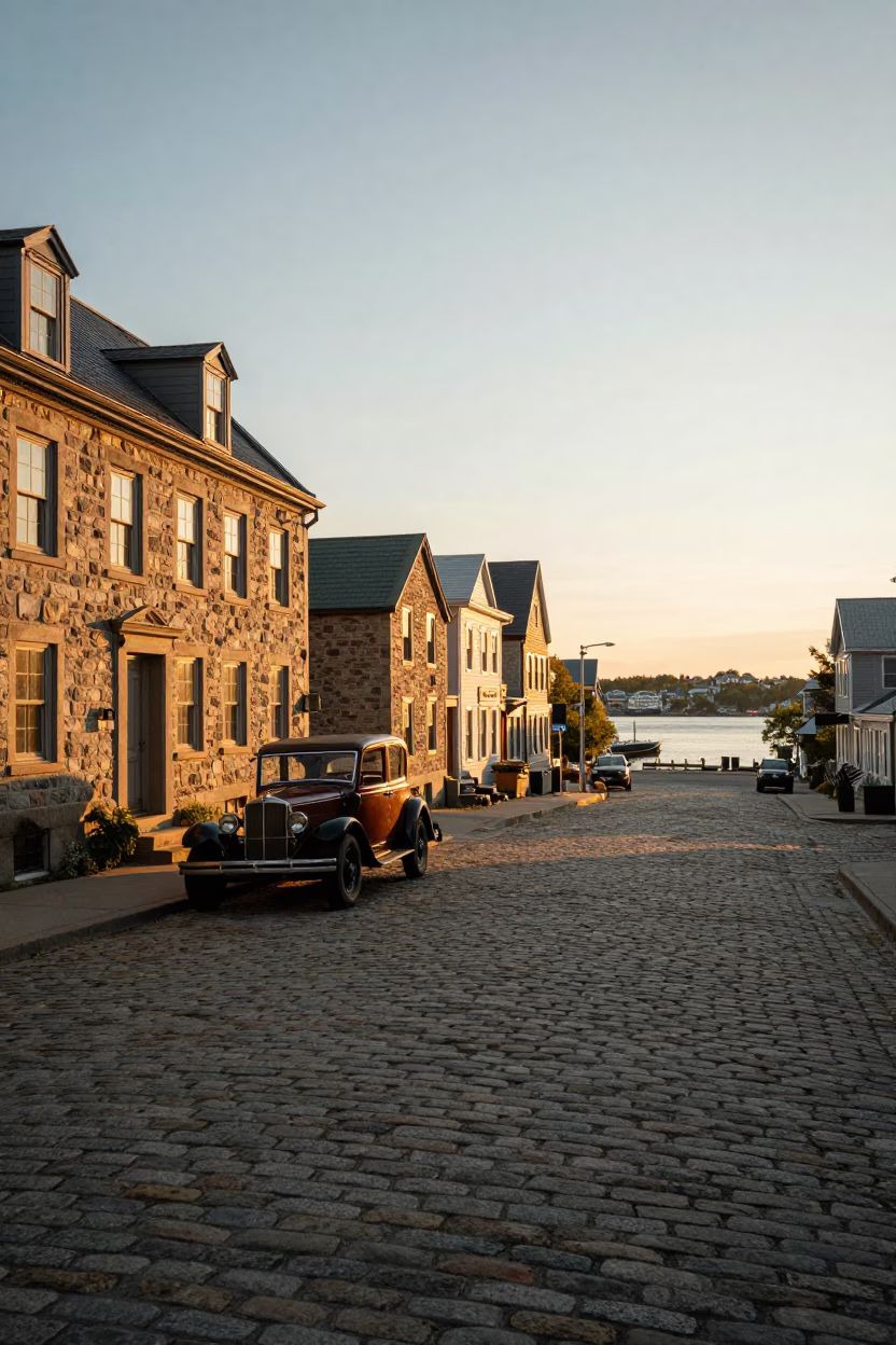 Halifax Nova Scotia Evening Street Scene with Vintage Car and Local Interaction in in Halifax, Nova Scotia, Canada