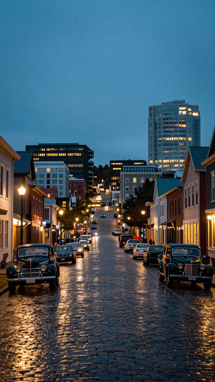 Halifax Nova Scotia Evening Street Scene with Vintage Cars and City Lights in in Halifax, Nova Scotia, Canada