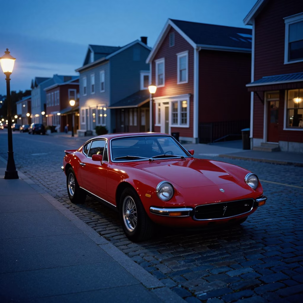 Halifax Nova Scotia Evening Street Scene with Vintage Red Sports Car and Demolition Dumpster in in Halifax, Nova Scotia, Canada