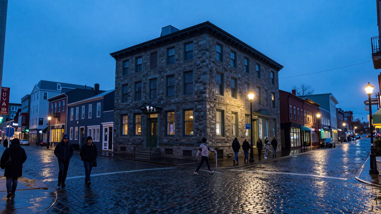 Halifax Nova Scotia Evening Street Scene with Wet Cobblestones and Local Pedestrians in in Halifax, Nova Scotia, Canada