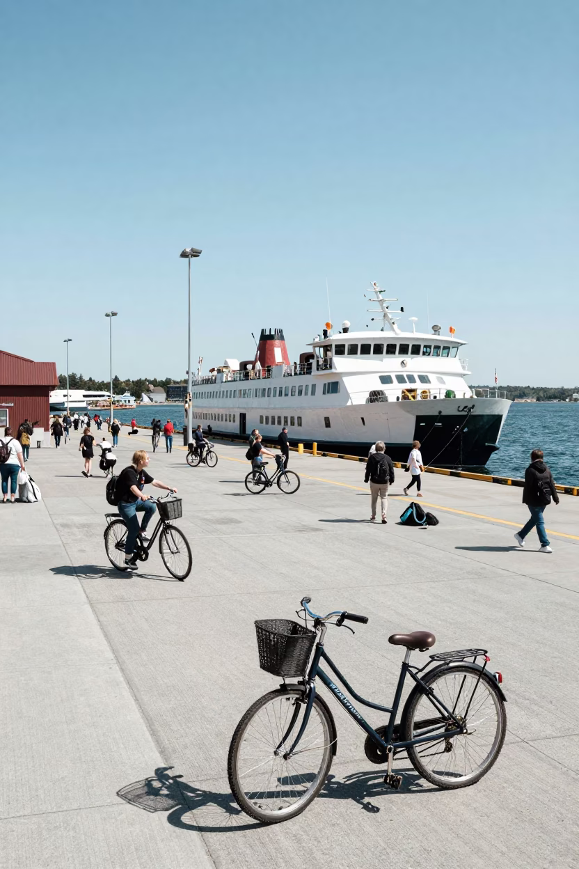 Halifax Nova Scotia Ferry Dock Noon Scene with Bicycles and Passengers Loading in in Halifax, Nova Scotia, Canada