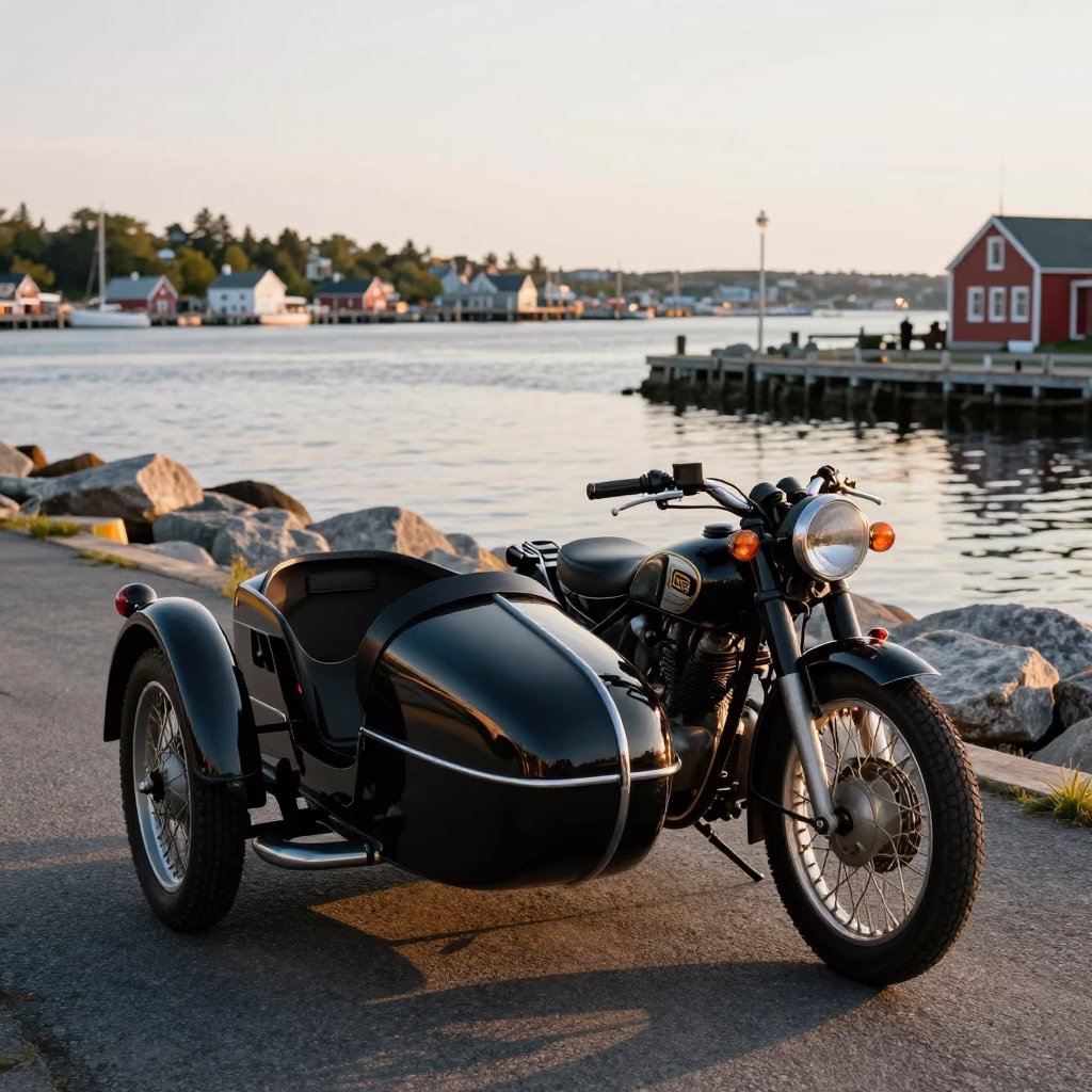 Halifax Nova Scotia First Light Vintage Motorcycle Sidecar Dockside Harbor Scene in in Halifax, Nova Scotia, Canada
