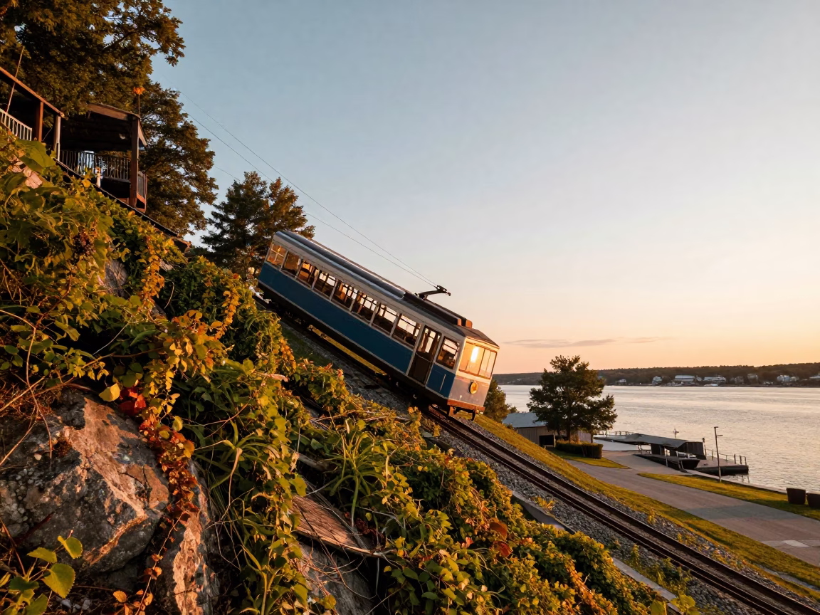 Halifax Nova Scotia Funicular Ascending Hillside Vines Honeyed Evening Light Realistic Photograph in in Halifax, Nova Scotia, Canada