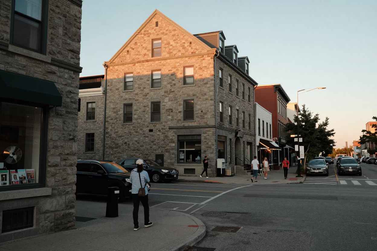 Halifax Nova Scotia Golden Hour Busy Street Scene with Window Fan and Magazine Rack in in Halifax, Nova Scotia, Canada