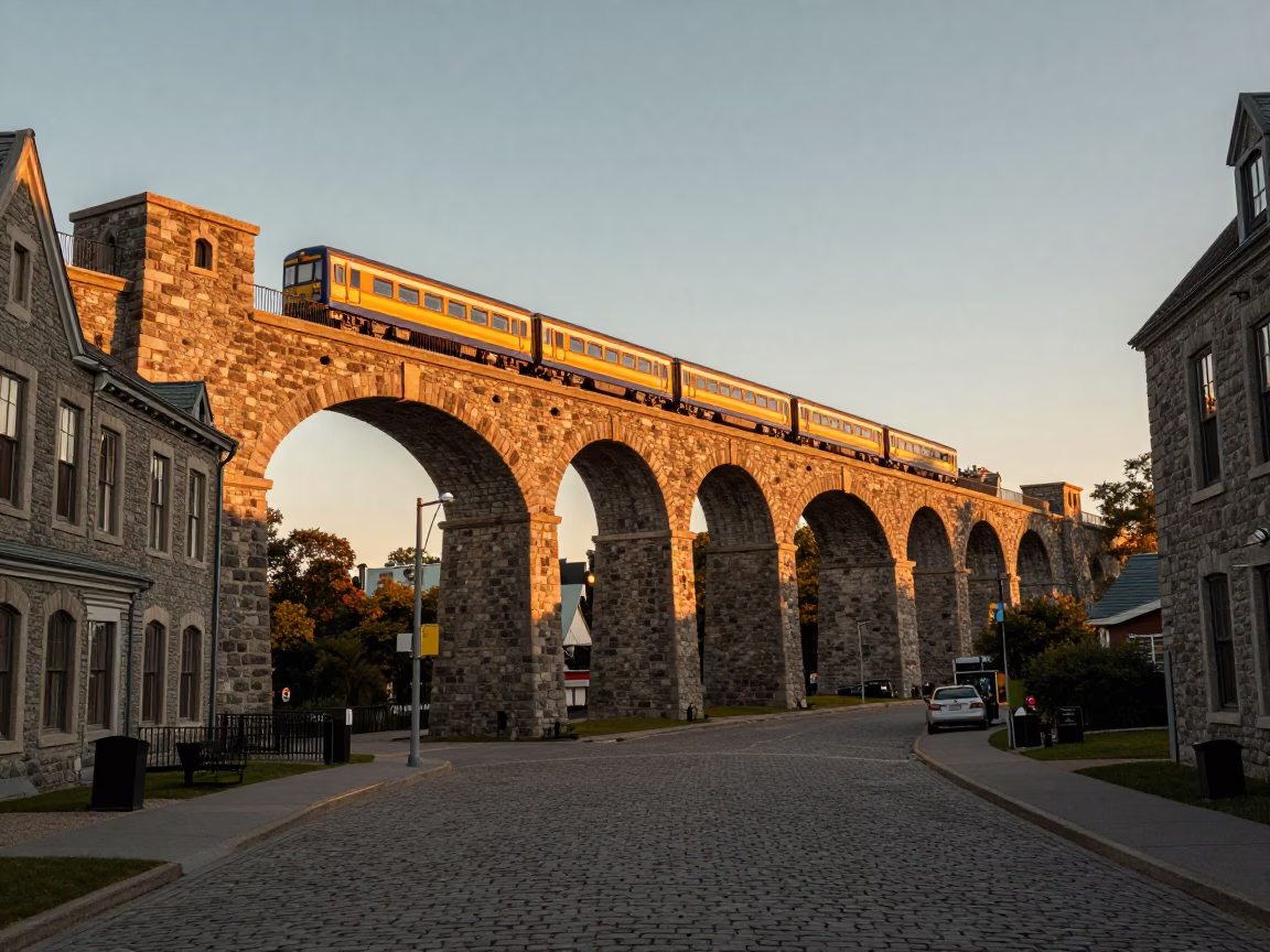 Halifax Nova Scotia Golden Hour Railway Viaduct and Historic Stone Architecture in in Halifax, Nova Scotia, Canada