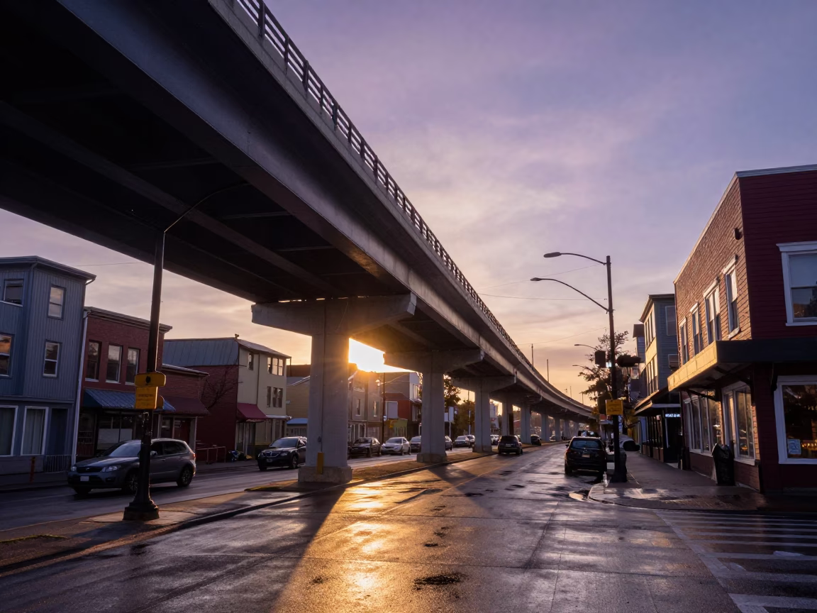 Halifax Nova Scotia Golden Hour Street Scene with Overpass and Condensation in in Halifax, Nova Scotia, Canada