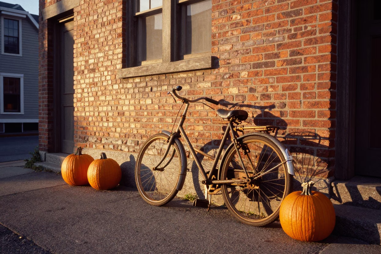 Halifax Nova Scotia Golden Hour Street Scene with Vintage Bicycle and Pumpkins in in Halifax, Nova Scotia, Canada