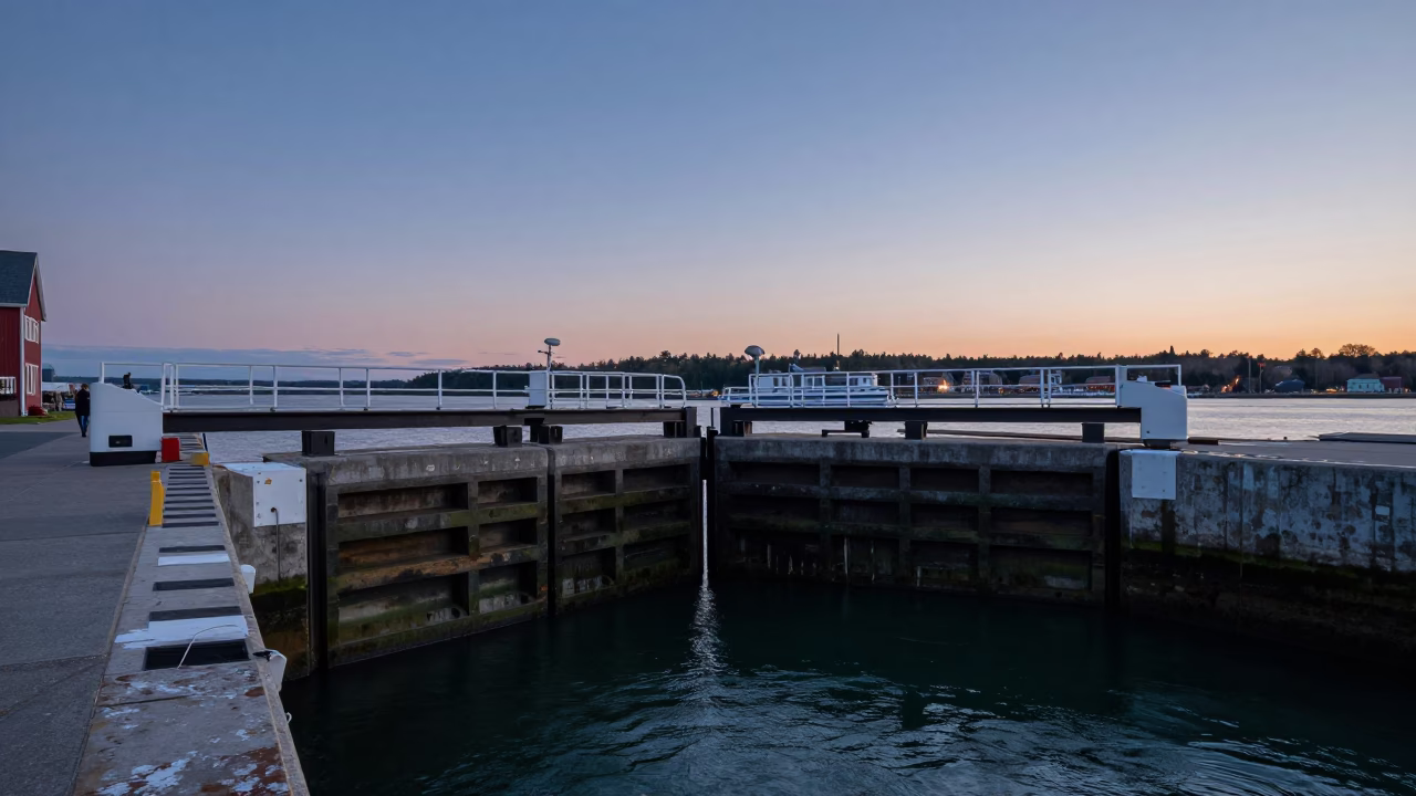 Halifax Nova Scotia Halifax Waterfront Canal Lock Gate Closing at Indigo Twilight After Sunset in in Halifax, Nova Scotia, Canada