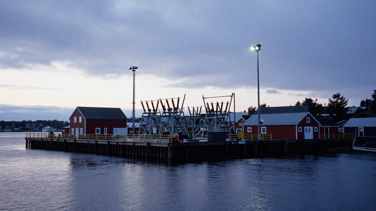Halifax Nova Scotia Harbor Before Sunrise with Substation Insulators and Avocados in in Halifax, Nova Scotia, Canada