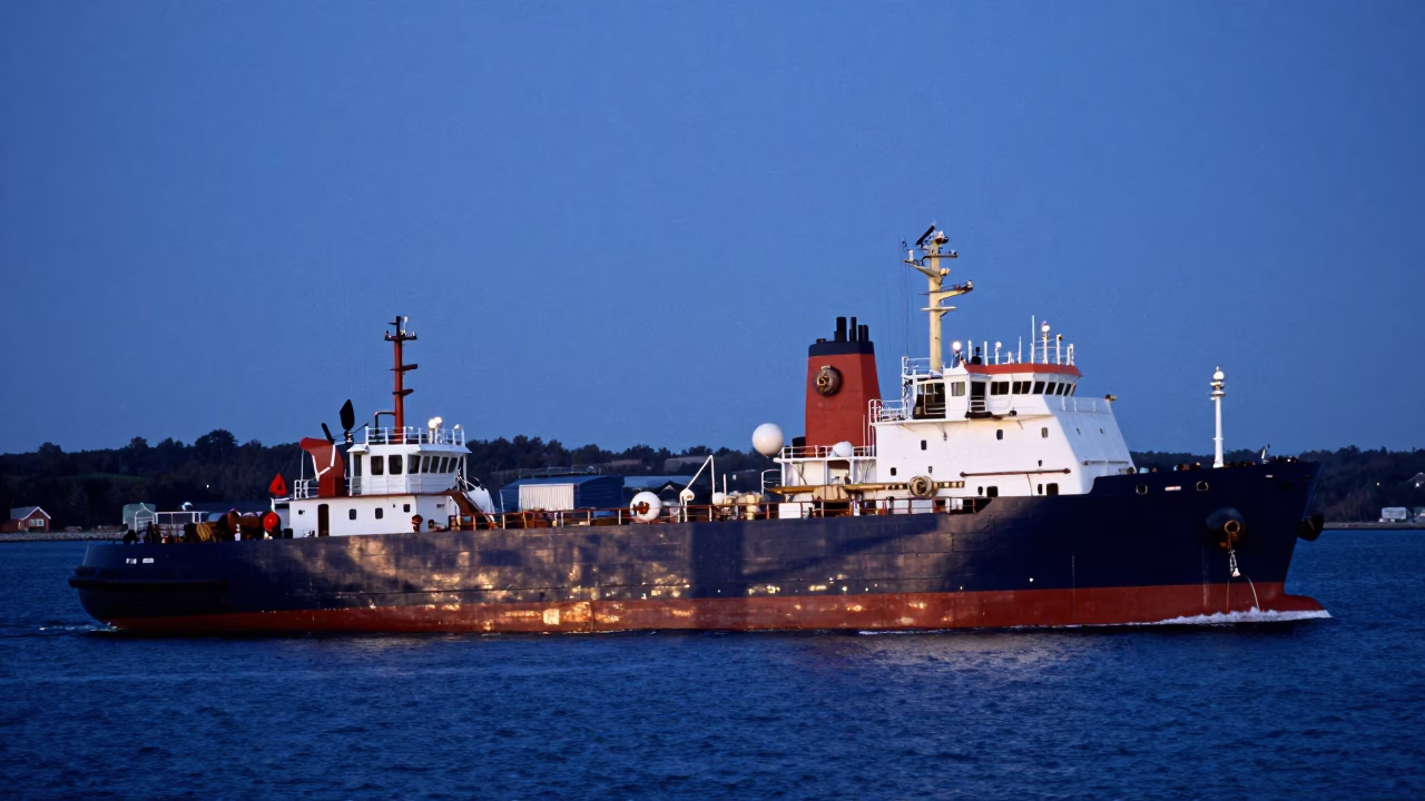Halifax Nova Scotia Harbor Blue Hour Tugboat Fleet Guiding Tanker at Night in in Halifax, Nova Scotia, Canada