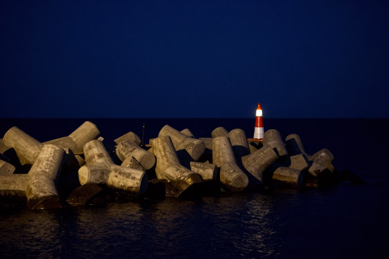 Halifax Nova Scotia Harbor Breakwater Night Scene with Warning Beacons and Coastal Lights in in Halifax, Nova Scotia, Canada