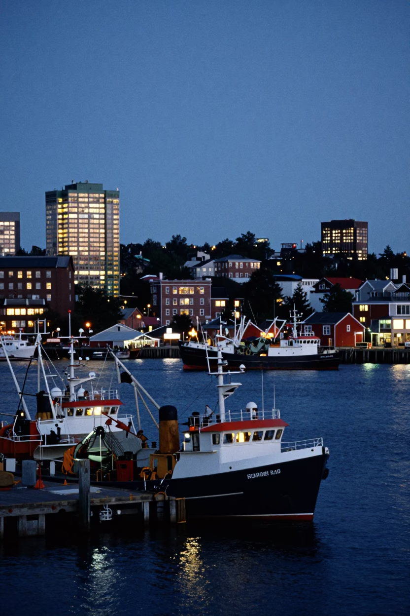 Halifax Nova Scotia Harbor City Lights Glow at Dusk Realistic 1970s Landscape in in Halifax, Nova Scotia, Canada