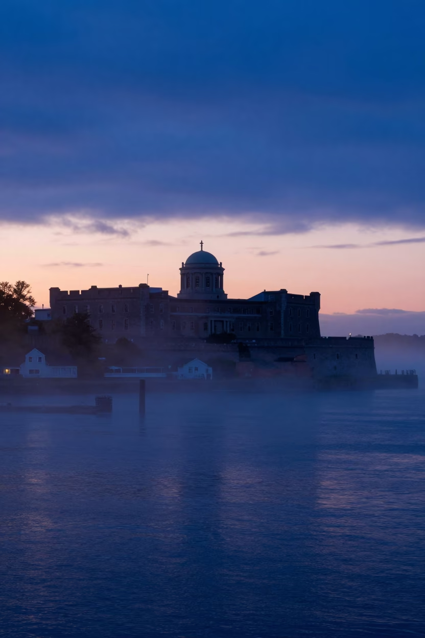 Halifax Nova Scotia Harbor Dawn Fog and Maritime Architecture Before Sunrise in in Halifax, Nova Scotia, Canada
