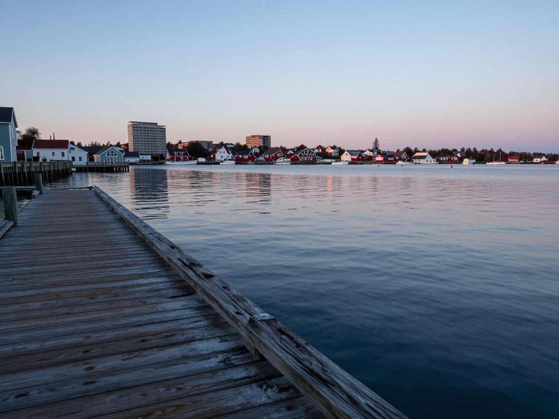 Halifax Nova Scotia Harbor Dawn Light Reflecting on Weathered Wooden Dock and Fishing Gear in in Halifax, Nova Scotia, Canada