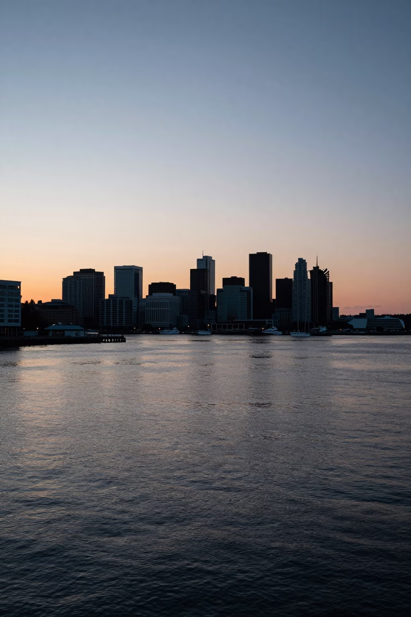 Halifax Nova Scotia Harbor Dawn View with City Skyline Before Sunrise in in Halifax, Nova Scotia, Canada