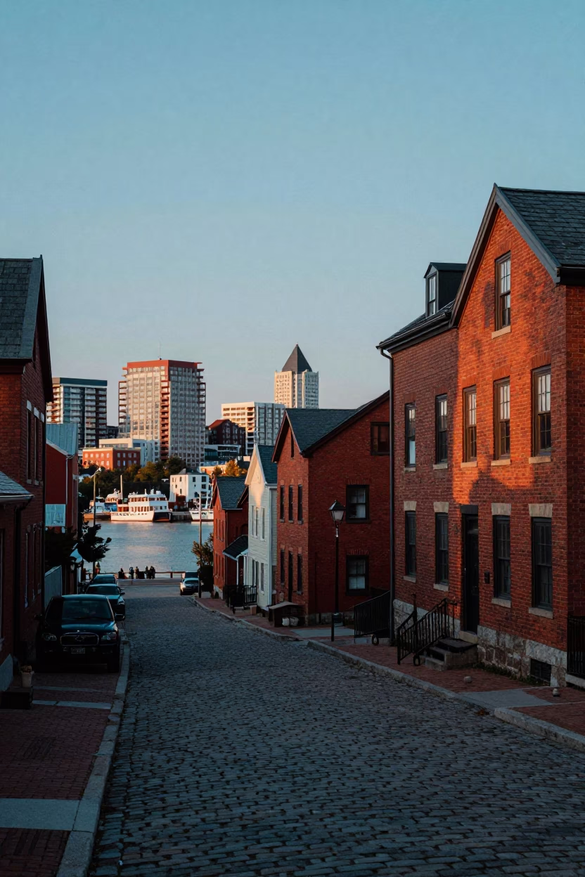 Halifax Nova Scotia Harbor Dawn View with Red Brick Architecture and Foggy Waterfront in in Halifax, Nova Scotia, Canada