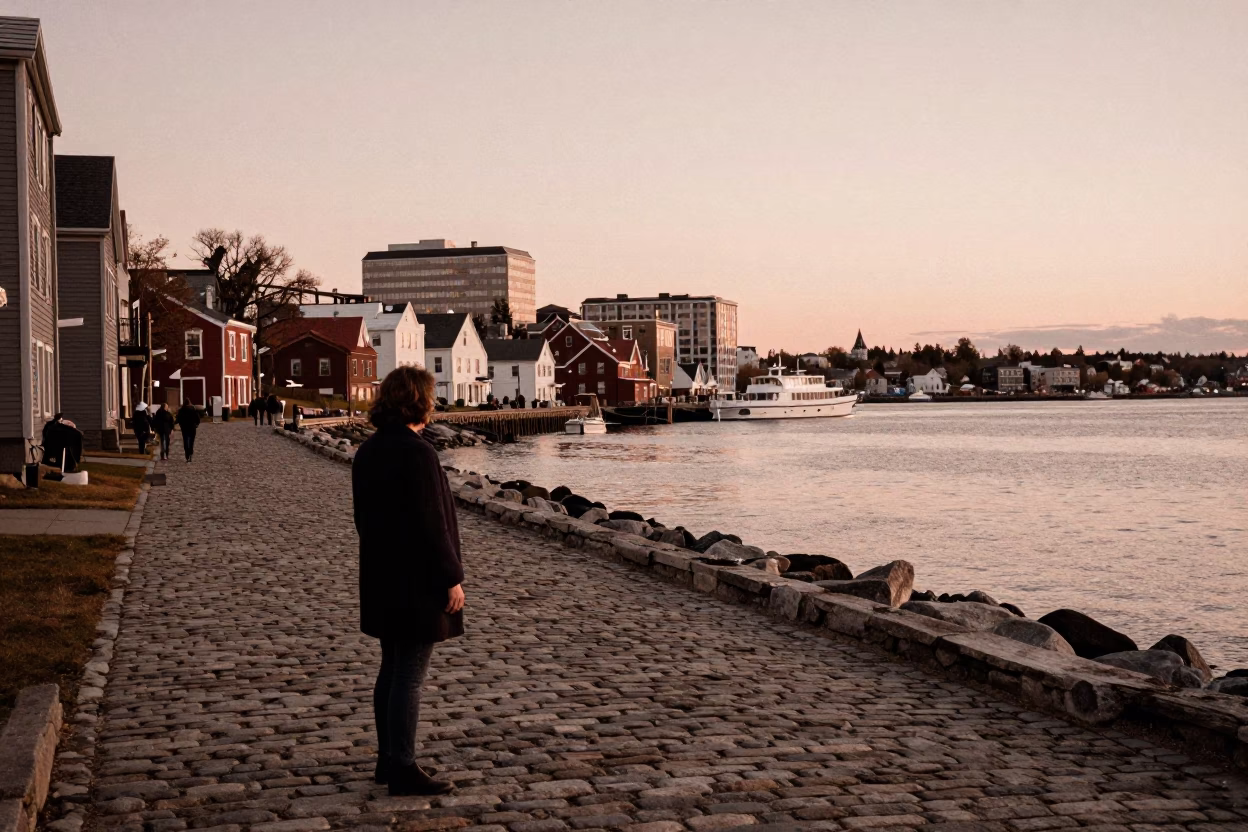 Halifax Nova Scotia Harbor Dusk View of Waterfront Cobblestones and Historic Brick Architecture in in Halifax, Nova Scotia, Canada